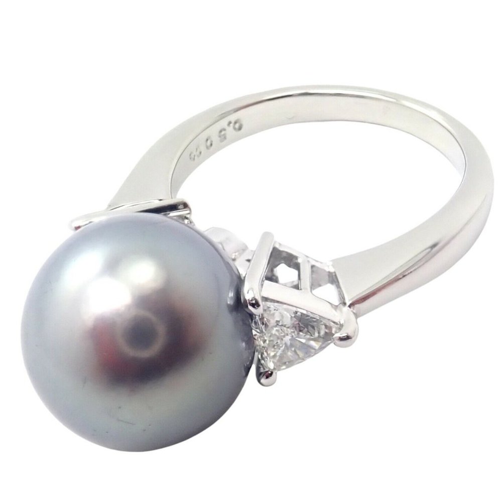 Rare! Mikimoto Platinum .5ctw Diamond 12mm Tahitian South Sea Pearl Heart Ring - Picture 2 of 10